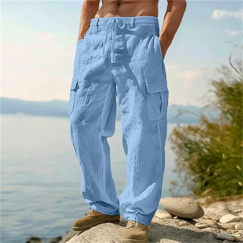 Mens Casual Trousers Loose Comfortable cargo pants Pants Man Cotton Linen multi-pocket Straight trousers Beach thin men Pants 250805