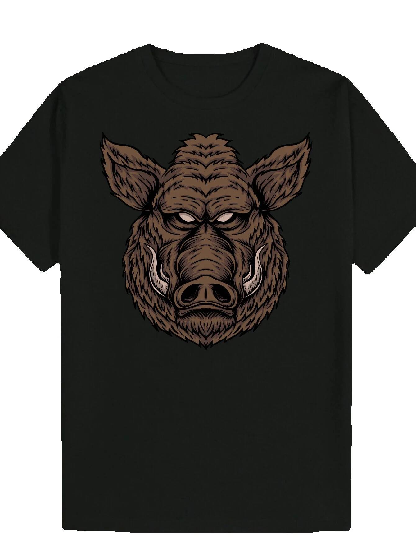 Men's T-Shirt - Bold Wild Boar Head Animal Print, Black Polyester, Regular Fit, Machine Washable, Summer Casual Wear|Animal Pattern T-Shirt|Comfo