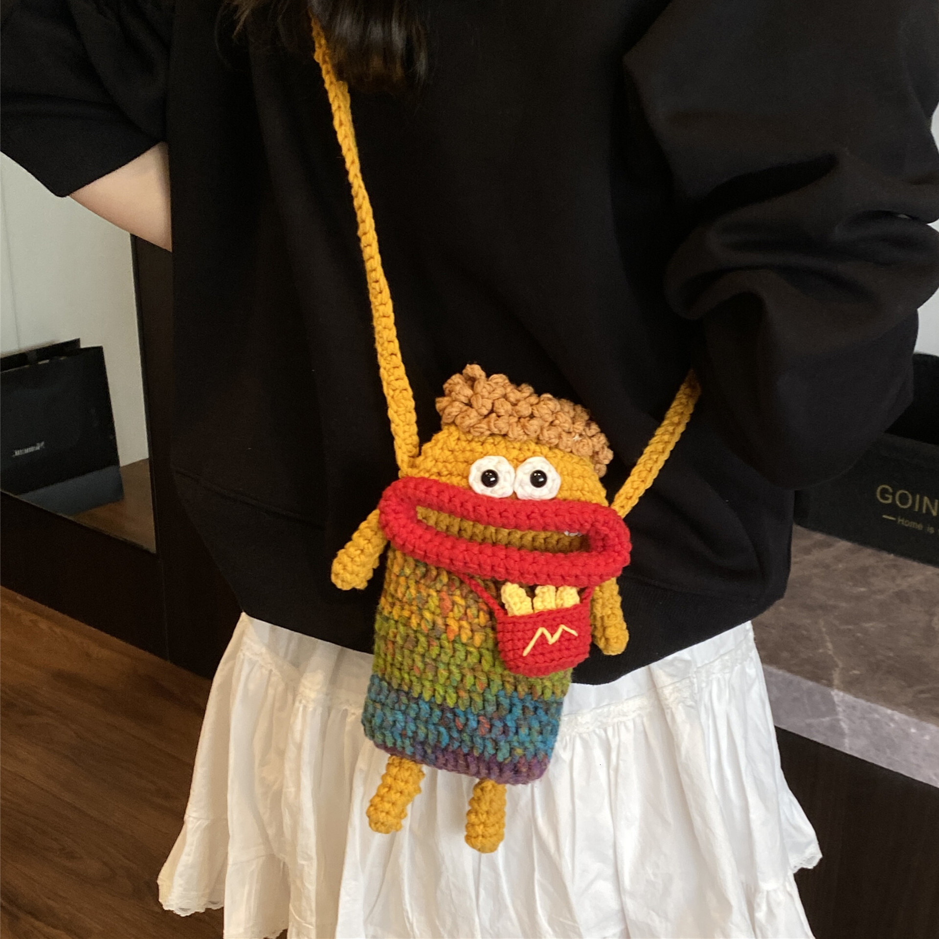 Autumn New Crochet Sausage Mouth Phone Bag Hand Woven Ugly Cute Women's Children's Crossbody Bag Coin Wallet Autumn Niche Design New Designe