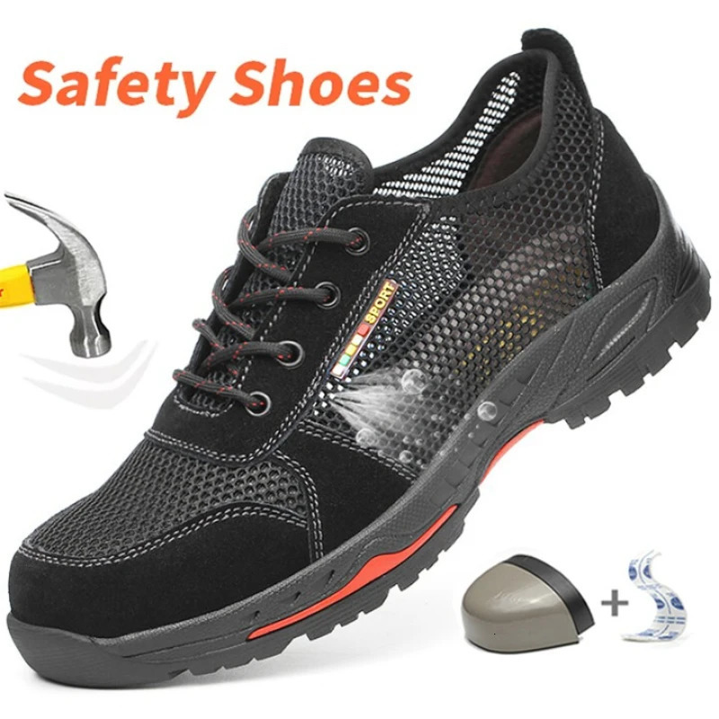 Summer Black Safety Shoes with Steel Toe Lightweight Mesh Ventilation Puncture-proof Durable Impact-resistant Cool Comfortable 250805