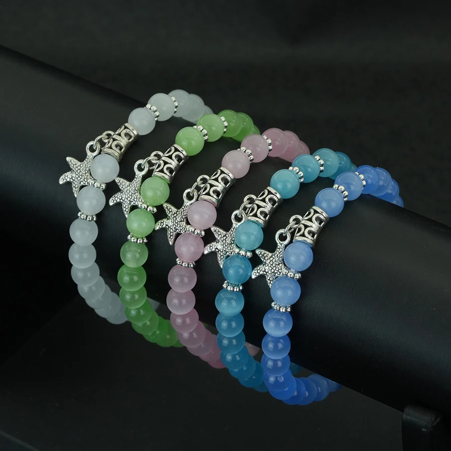 Trendy Starfish Pendant Opal Bracelet Women 8mm Natural Shiny Cat Eyes Stone Elastic Braslet Beach Leisure Girlfriend Gift Joias 250805