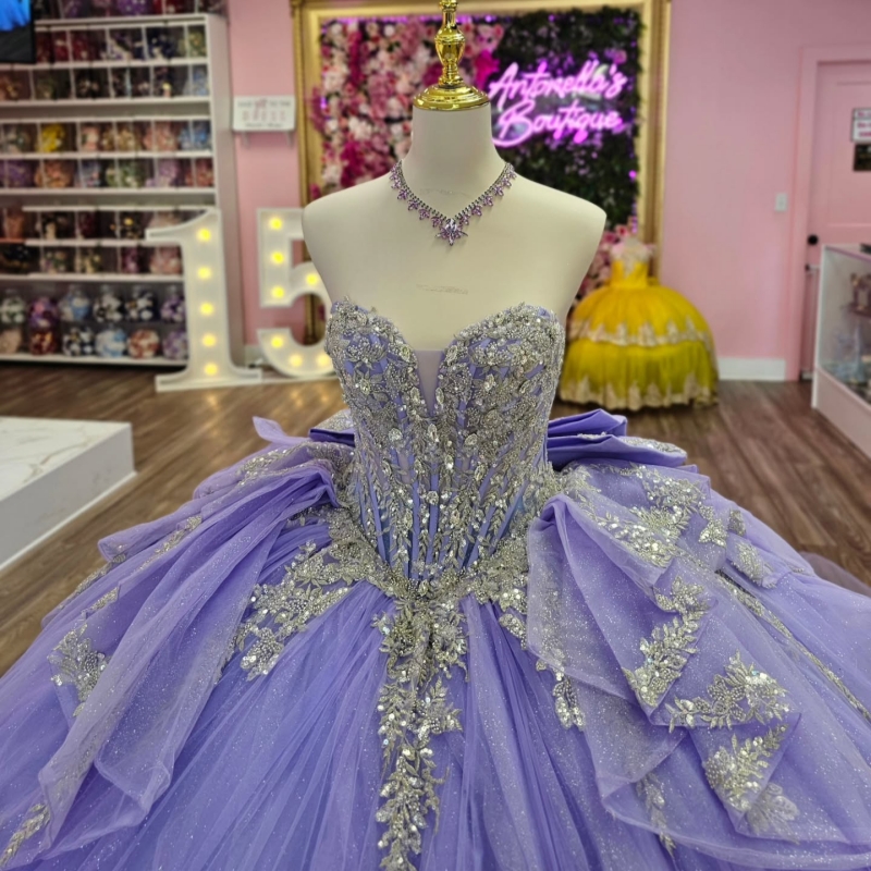 Lavender Shiny Quinceanera Dresses Off The Shoulder Applique Beads Bow Tull Party Birthday Ball Gown Vestidos De 15 Anos Sweet 16 Dress