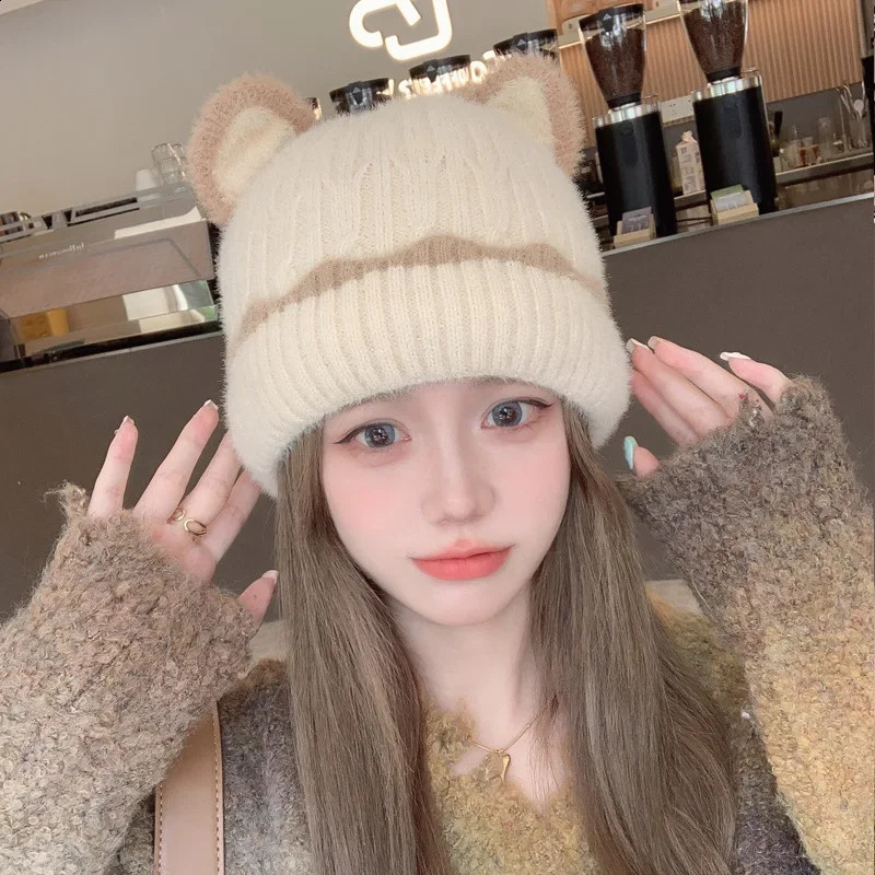 Cute Cat Ears Hat Women Autumn Winter Warm Knitted Hat Skullies Beanies Kpop Style Soft Beanie Hats Candy Female Streetwear Cap 250805