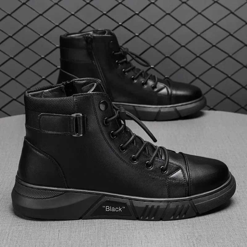 Mens Boots British Casual Platform Leather Boots for Men Black Motorcycle Boots Winter Comfortable Keep Warm Men Ankle Shoes W250811