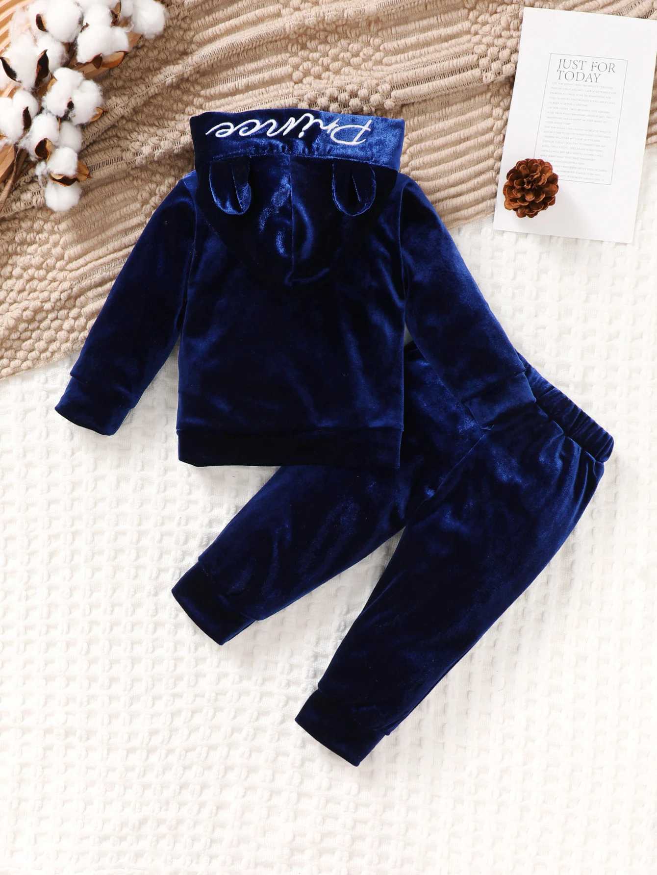 Boys Velvet Set Long Sleeve Hooded Ears Big Pocket Hoodie+Long Sleeve Casual Simple Versatile Velvet Two Piece Set Prince Z250811