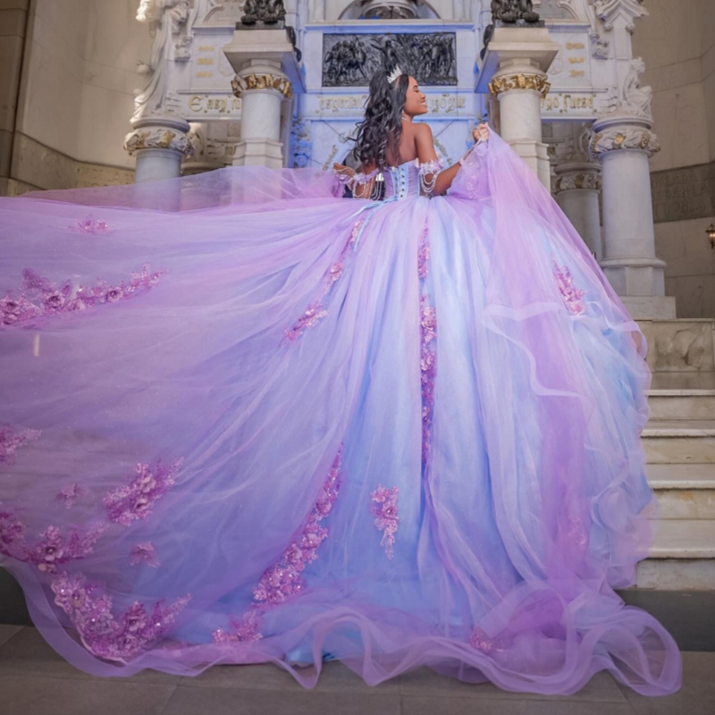 Lilac Quinceanera Dresses Off The Shoulder Applique Flower Beads Tull Sky Blue Lining Party Birthday Ball Gown Vestidos De 15 Anos Sweet 16 Dress