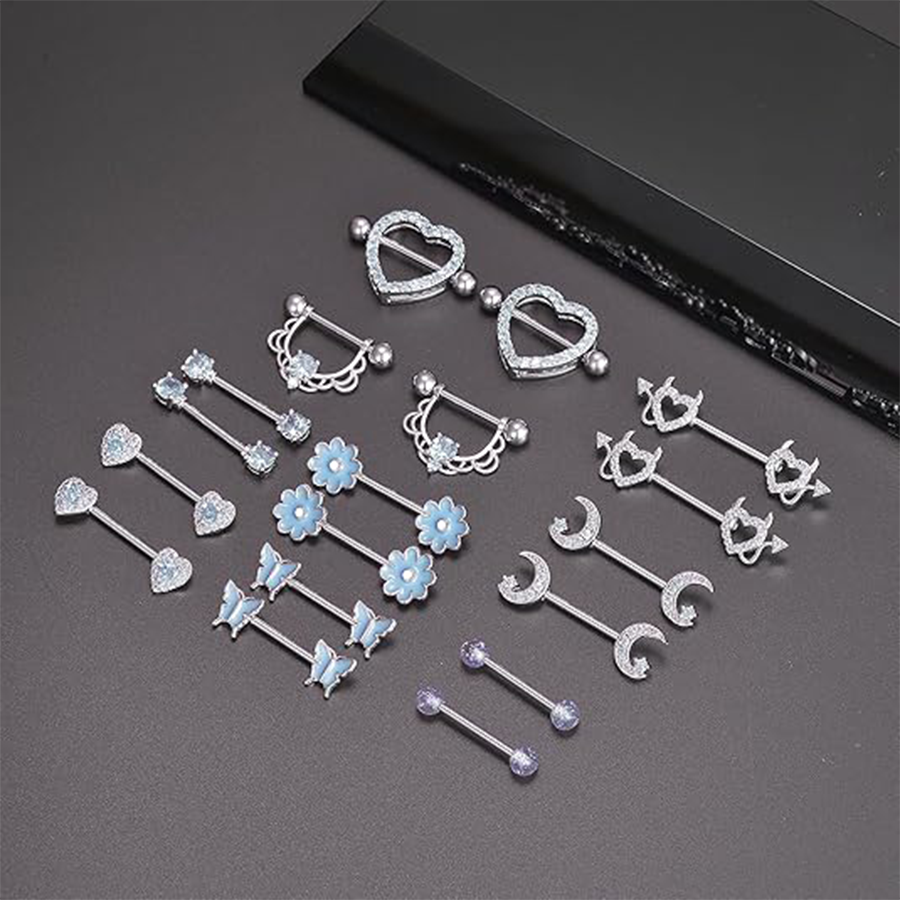 9 Pairs Nipple Rings Stainless Steel Heart Butterfly Moon Flower CZ Barbell Tongue Rings Set Cute Nipplerings Piercing Jewelry for Women Blue Tone