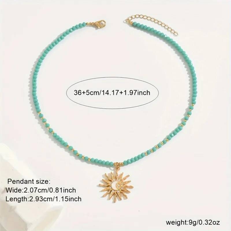 Vintage Golden-Toned Sun Pendant Necklace for Women Elegant Turquoise Beads Chain Choker Neck Statement Party Jewelry Gifts