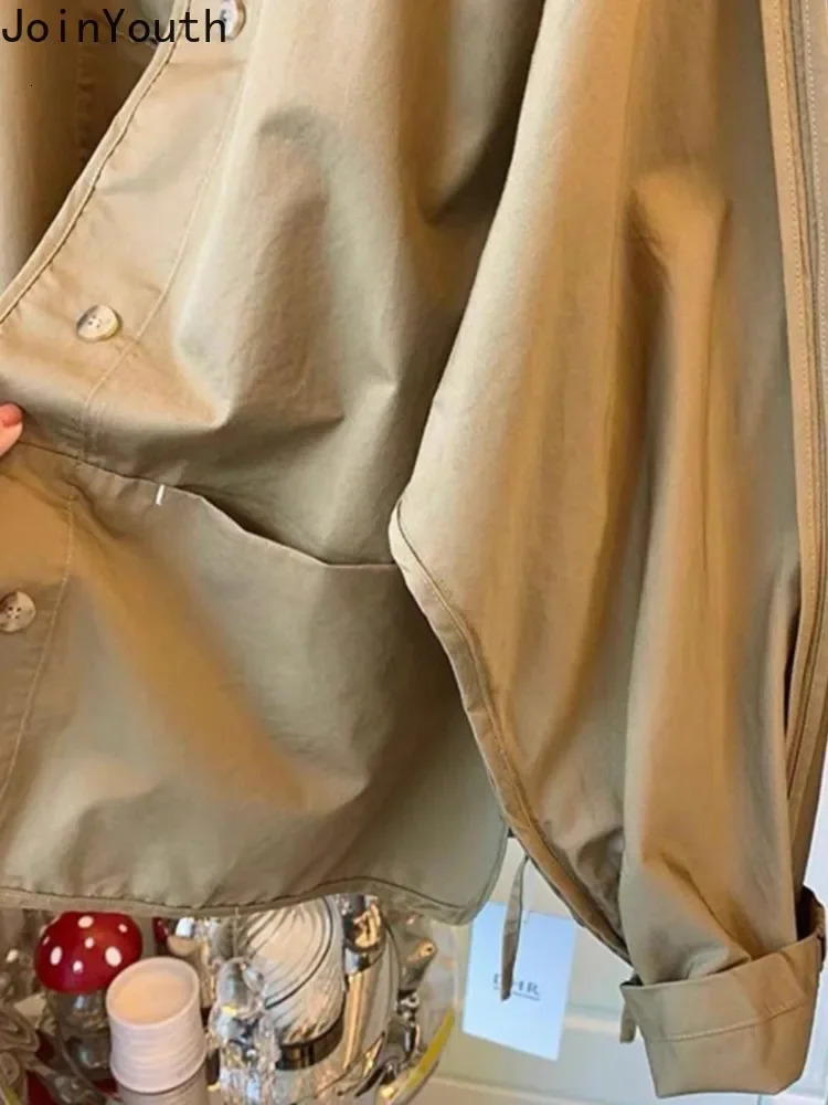 Trench Coat for Women Solid Color Oneck Long Sleeve Loose Outwear Ropa Mujer Casual Pockets Fashion Korean Vintage Jackets 250809