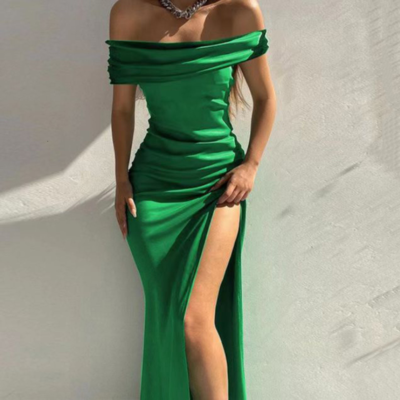 2025 Summer New Women's European and American New Dress Solid color Short sleeved trend Medium length Off Shoulder Dress Sexy Evening Dress New D