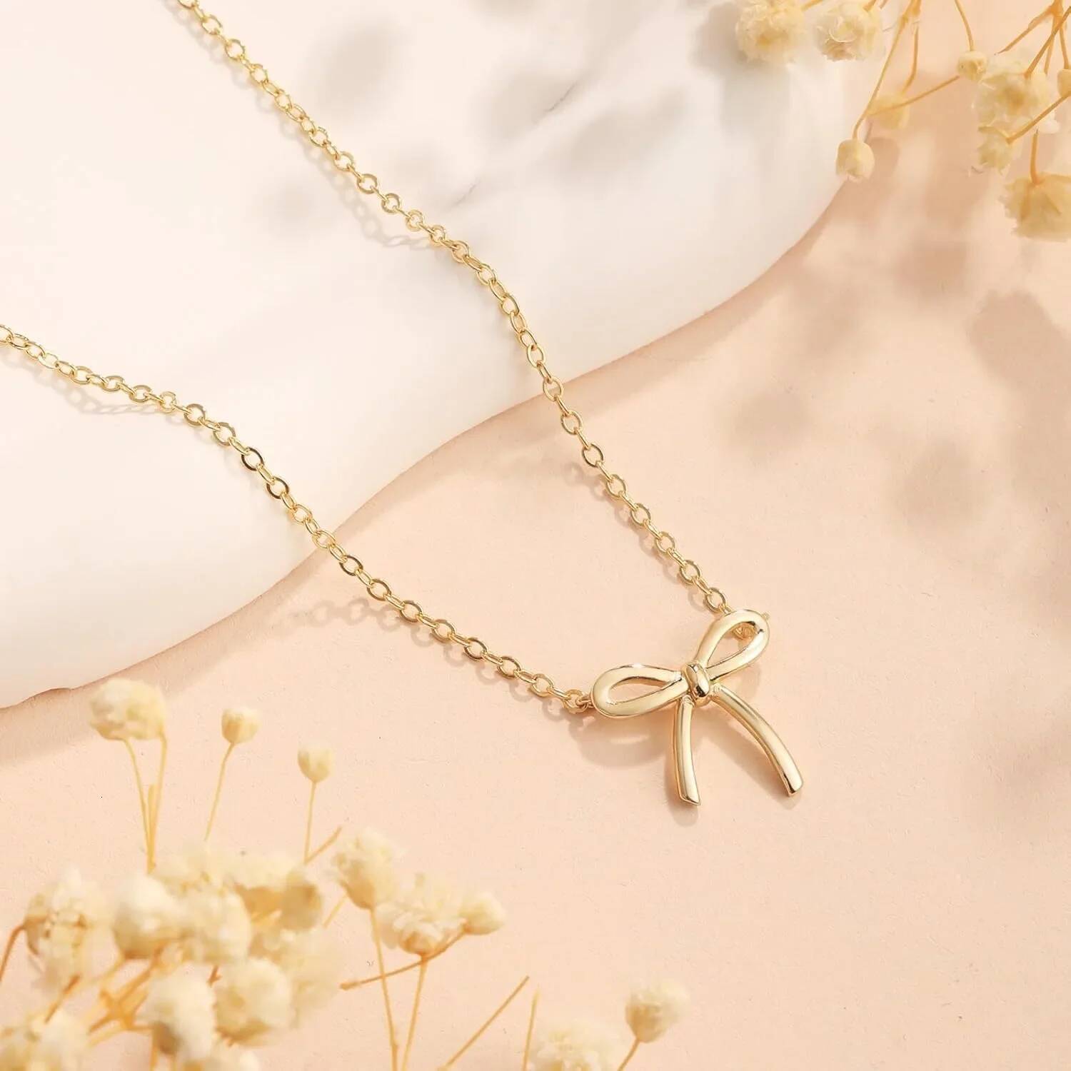 Gold Sier Plated Necklace Cute Bow Pendant Choker Chain Necklaces for Women Jewelry Gift