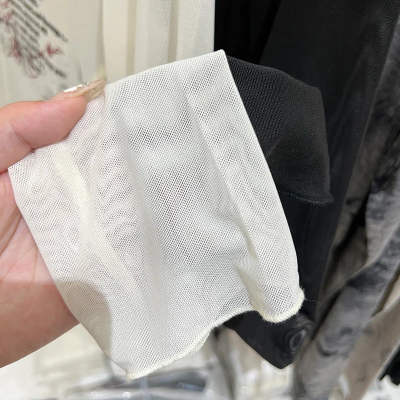 Summer Round Neck Transparent Bottom Shirts Tops Mesh See Through Womens Long Sleeve Seamless Top Print Blouses 250811