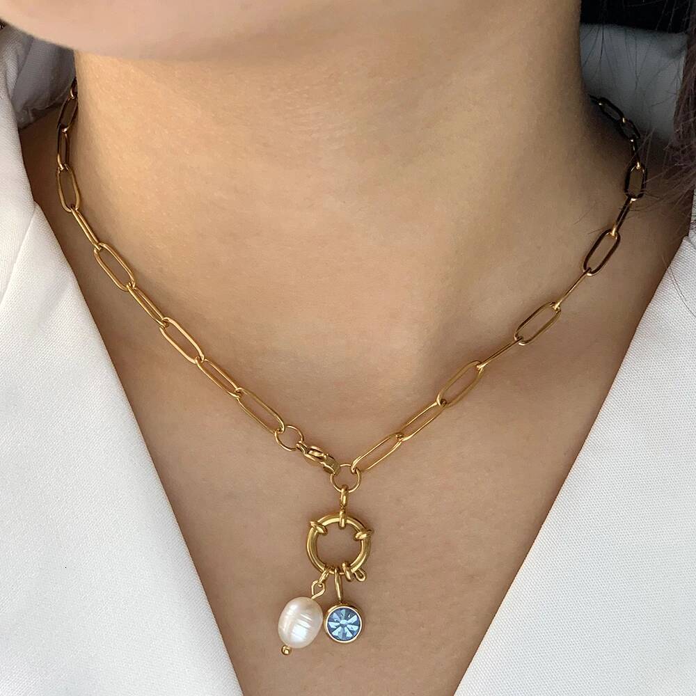 women's neck chain Golden Choker Pendant Necklace for women Freshwater Pearl 12 Birthstone Pendants stainless steel Jewelry Gift Jewelry for Wome
