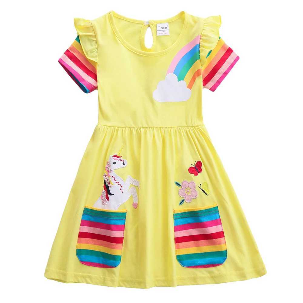 Girls Short Sleeve Unicorn Dress New Summer Embroidered Two Pockets Rainbow Sleeve Childrens SH81035 W250811