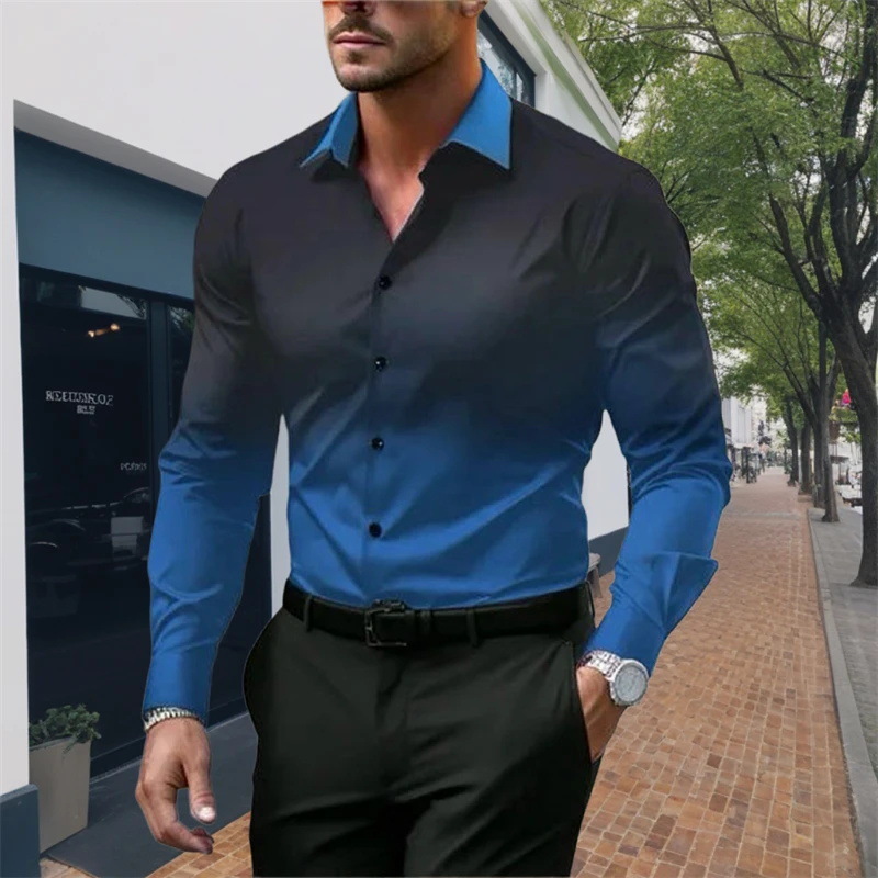 Mens Long Sleeve Men's long shirt with gradient color digital print casual slim lapel long-sleeved shirt thin men's shirt European code: S-3