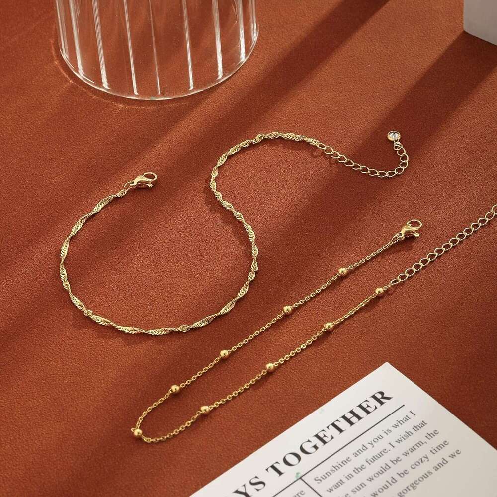 2/3 PCS Anklets for Women Waterproof Cuban Link Anklet Beaded Stackable Bracelets 14K Gold Plated Custom Jewelry Gifts Non Tarnish Lightweight
