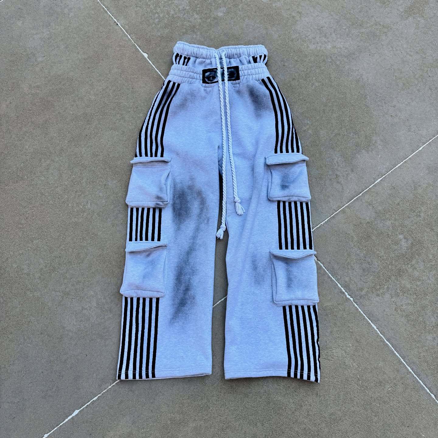 American vintage striped print loose sweatshirt unisex street hip hop personality patch embroidered sweatshirt sweatpants