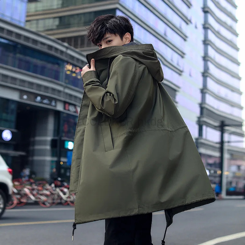 Spring Man Trench Coat Long Fashion Hooded Windbreaker Jacket for Men Black Green Overcoat Casual Outdoor Hiking Rain Coat 250805