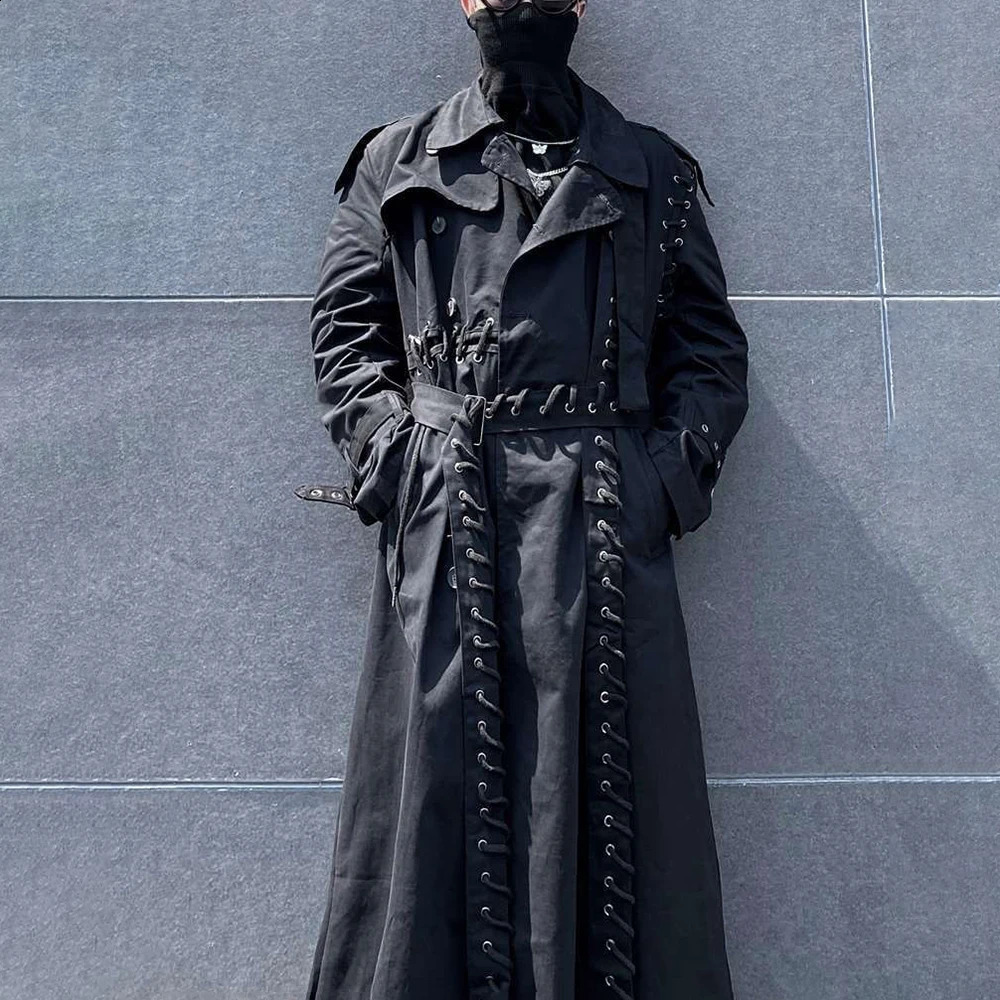 Mens Harajuku Rope Splicing Dark Style MidLength Casual Jacket Genderless Autumn Winter Japanese Solid Color Windbreaker Unisex 250804