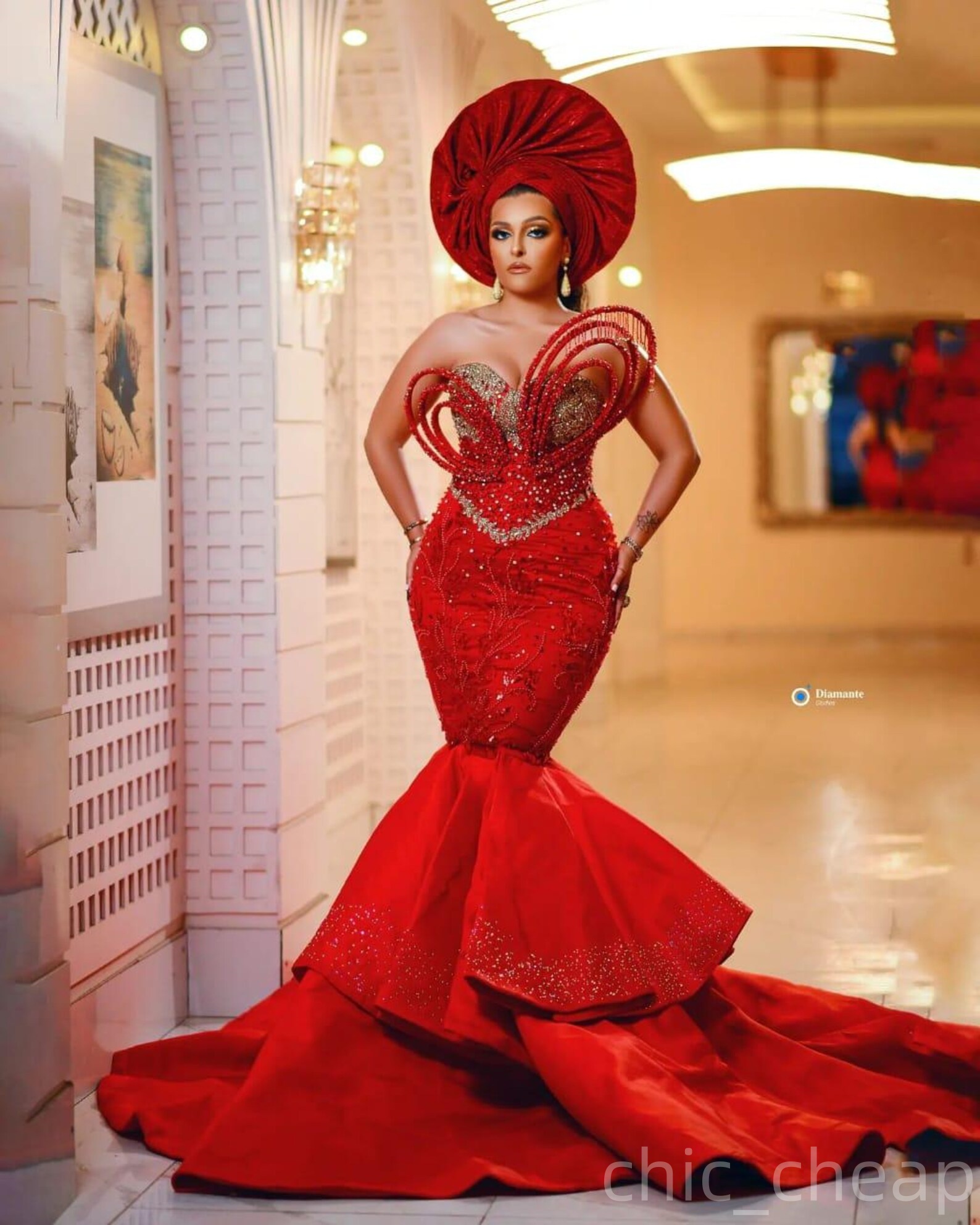 Red Mermaid Prom Dresses 2025 Stylish Crystals Sequined Satin Beaded Evening Formal Party Second Birthday Engagement Gowns Plus Size Dress For Special