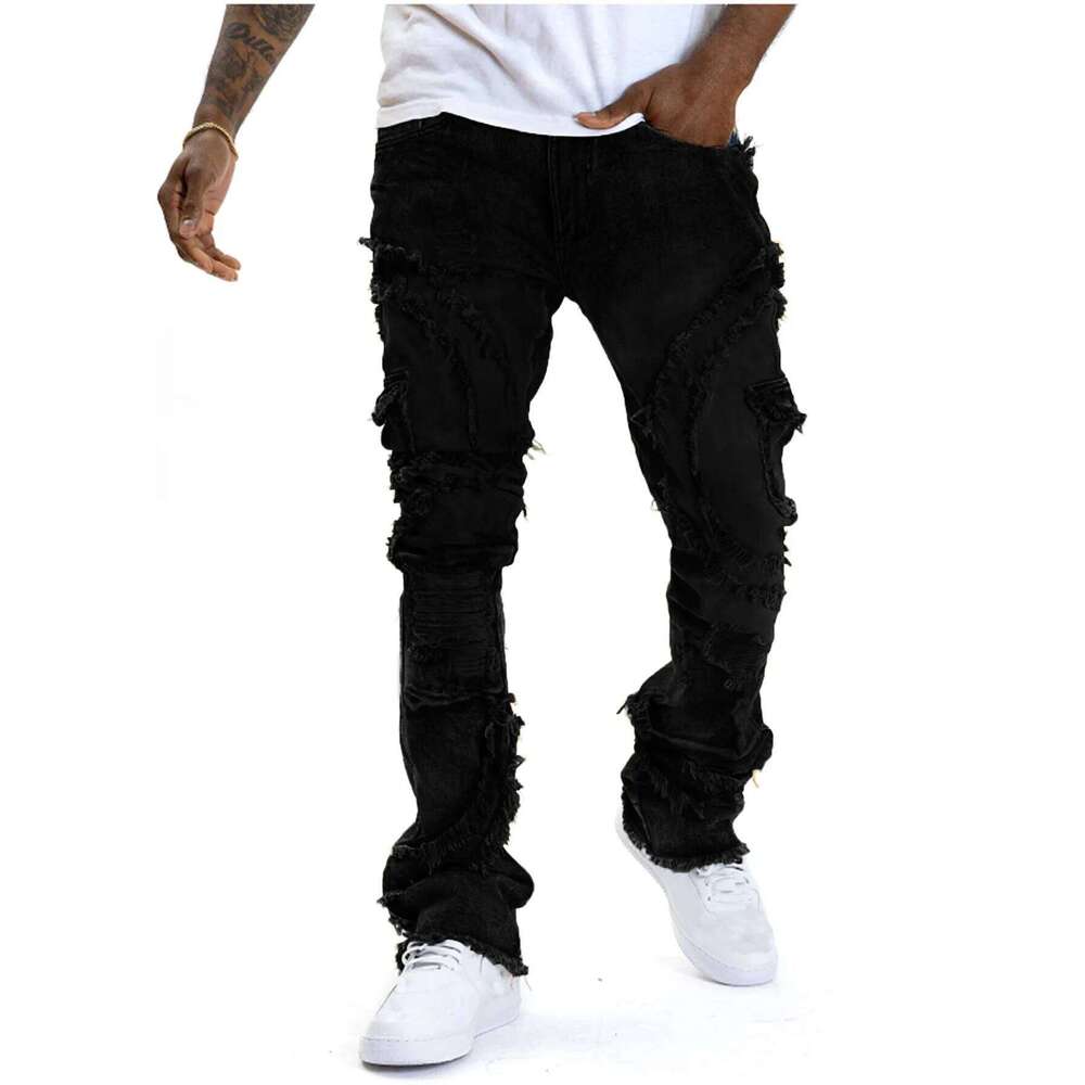 2025 New European and American men's casual jeans, street punk fashion, retro, ripped hole, slightly flared tassel elastic jeans