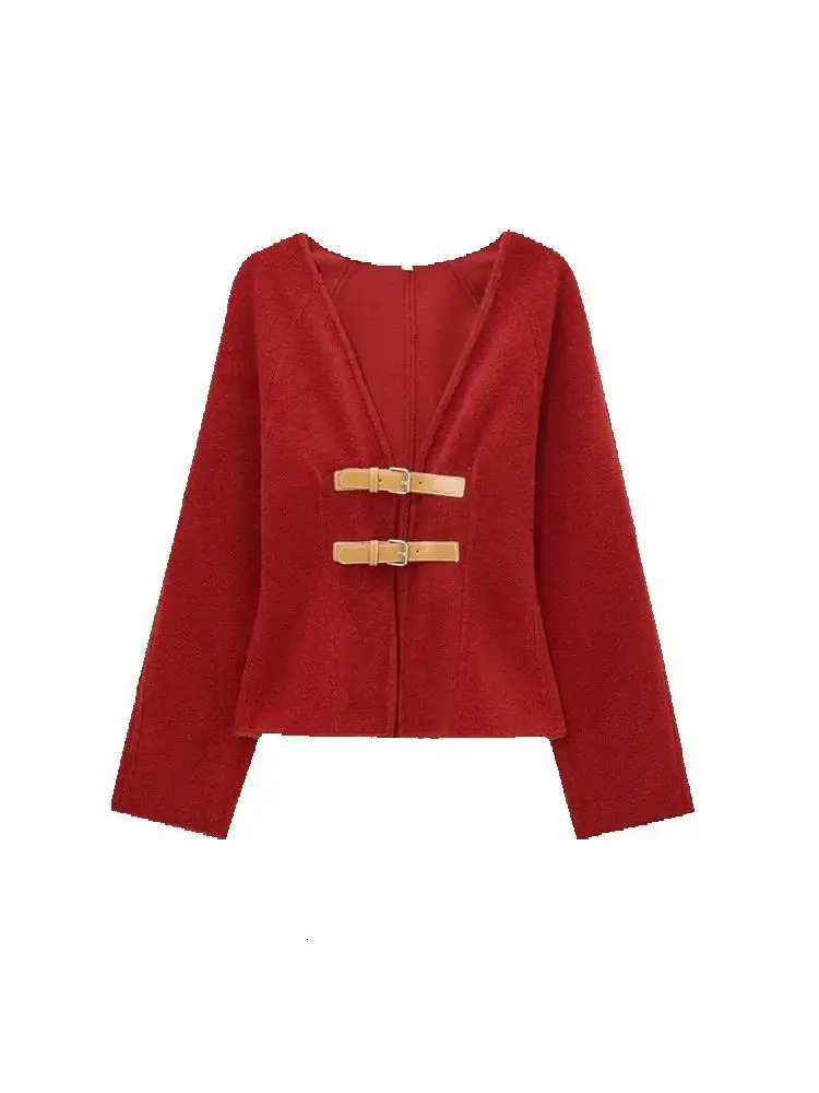 TRZA Women Fashion With Belt Woolen Jacket Coat V Neck Long Sleeve Female Outerwear Chic Tops 250809