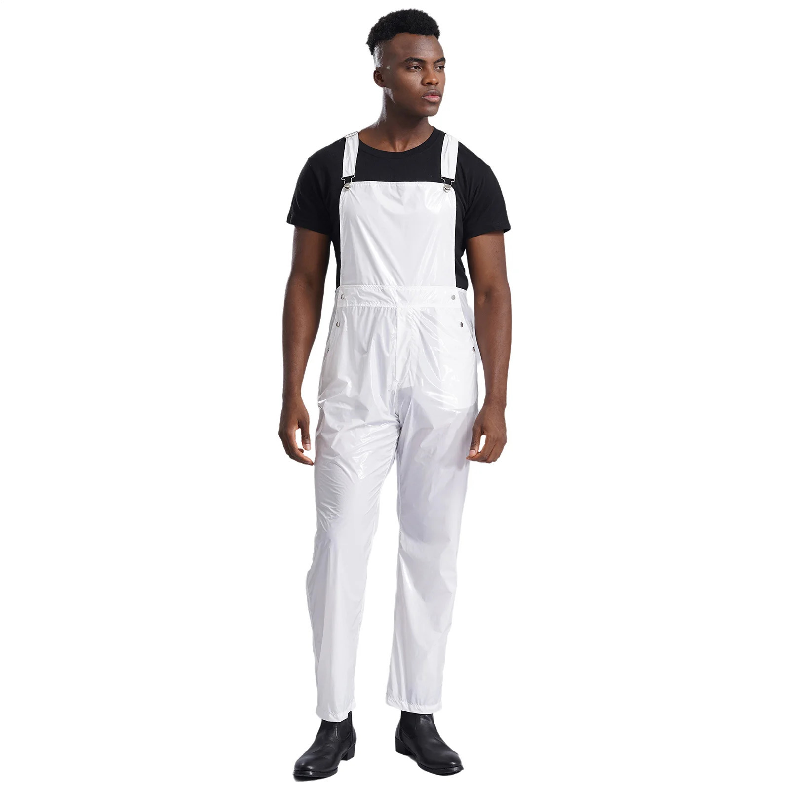 Mens Glossy Bib Overall Costume Adult Adjustable Wide Straps Water Resistant Jumpsuit Overalls with Pockets 250729