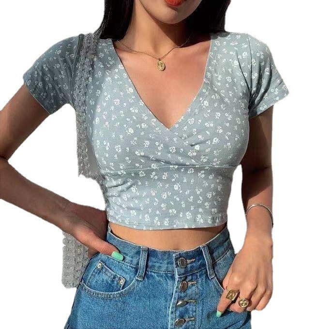 2025 New Floral Short Cropped Top for Women Summer Slim Fit V-Neck Short Sleeve Korean Style T-Shirt Trendy