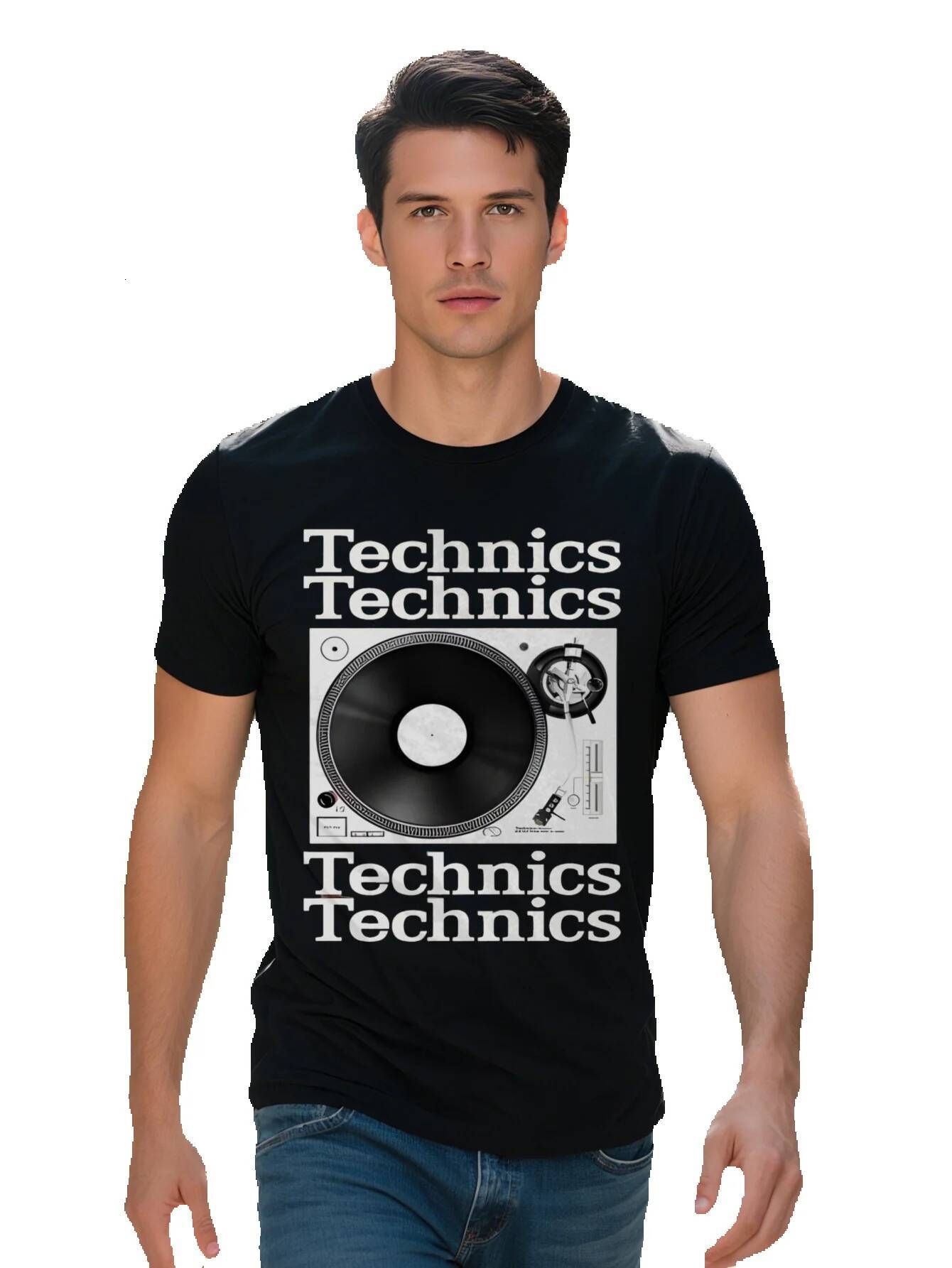 Men's Vintage Turntable Graphic T-Shirt Technics Lettering DJ Inspired Design Black Casual Round Neck Summer Tee 9d336