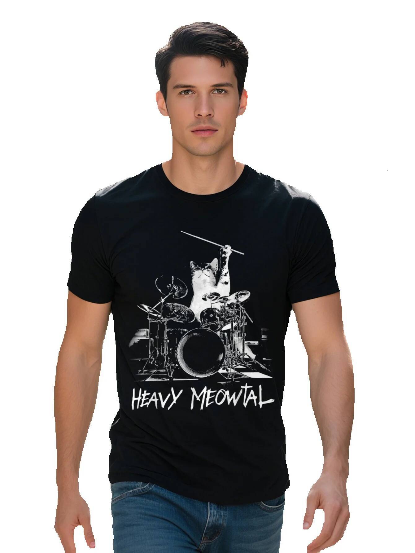 Men S g Cotton Black and White Heavy Meowtal Music Rock Drummer Cat Kitten T-shirt ccca7 b7298
