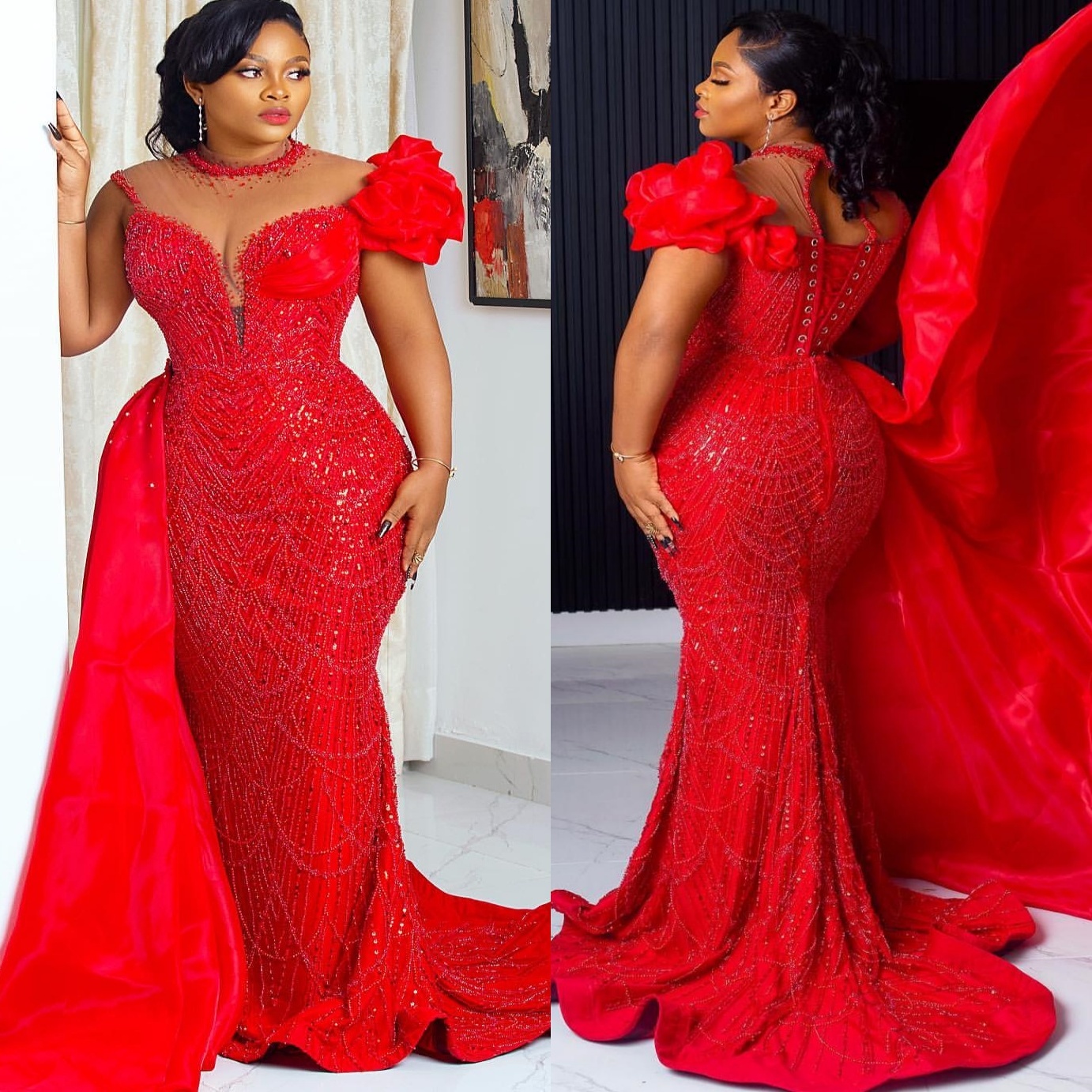 Red Mermaid Prom Dresses 2025 Sheer Neck Beaded Sequined Crystals Evening Formal Party Second Birthday Engagement Gowns Plus Size Dress For Special Oc