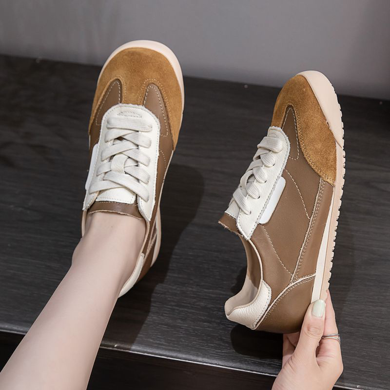 Genuine leather women's Dexin shoes 2025 designer new retro color blocked flat shoes casual sports shoes