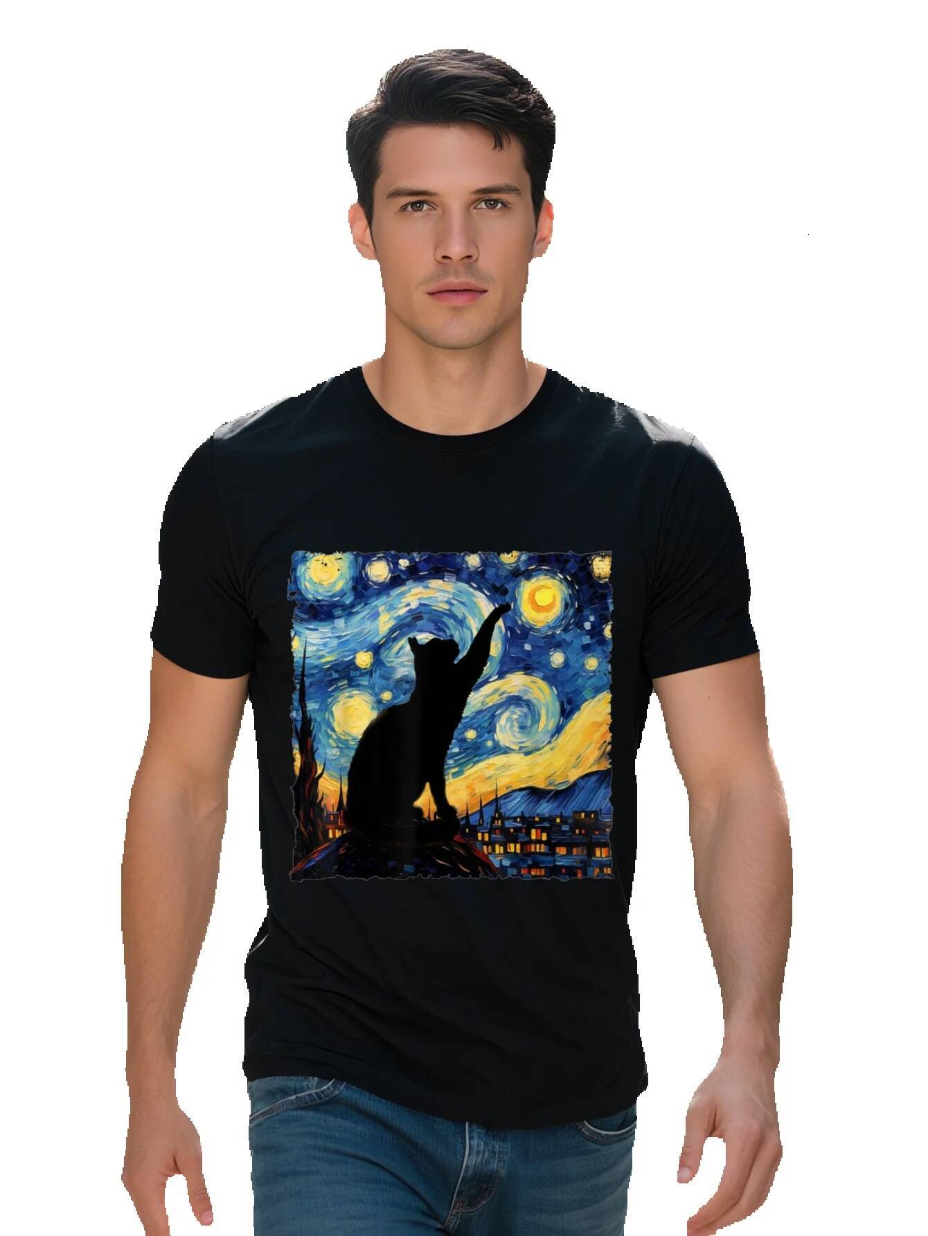 Men s Cotton T Shirt Van Gogh Starry Night Graphic Retro Black Paws Design Casual Short Sleeve Tee for All 9b57e 84afe