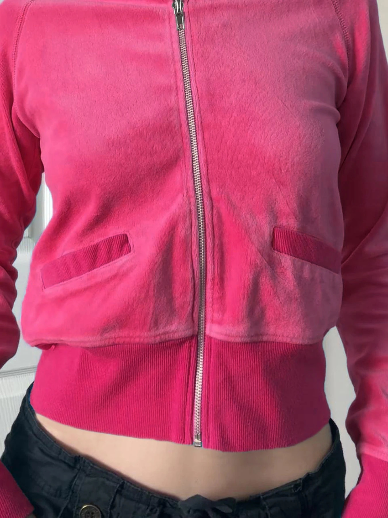 Rockmore Y2k Zip Up Cropped Hoodie Solid Velvet Goth Jacket Aesthetic Vintage Slim Autumn Coats Retro 2000s Long Sleeve Top Chic 250809