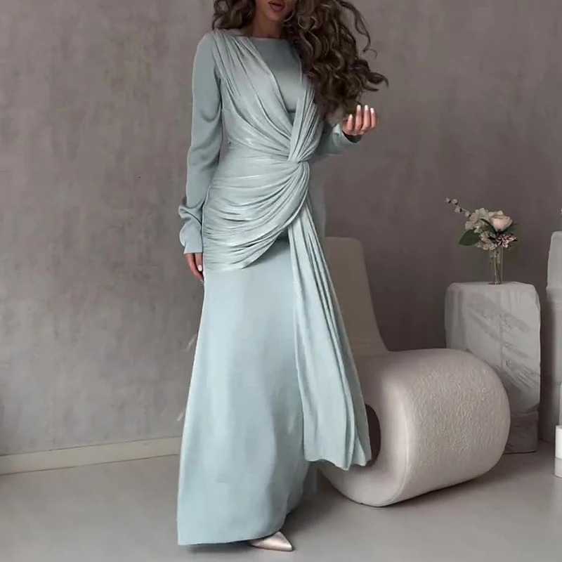 Elegant Long Sleeve High Waist Evening Dress Casual Solid Color Slim Robe Spring Autumn Womens O Neck Twisted Party 250811