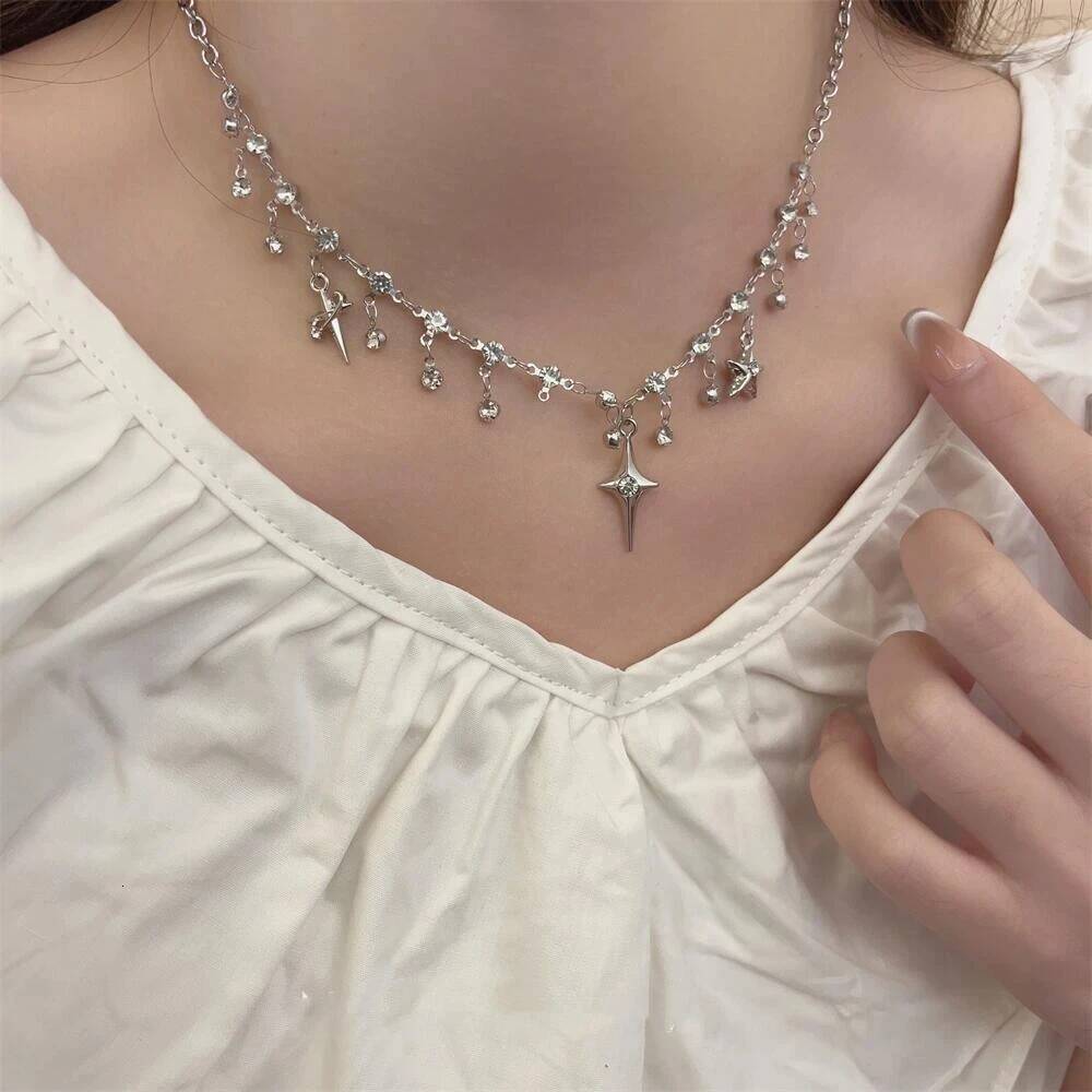 Fashion Chic Cross Crystal Zircon Pendant Tassel Necklace for Women Girls Clavicle Chain Accessories Aesthetic y2k Jewelry Jewelry for Women