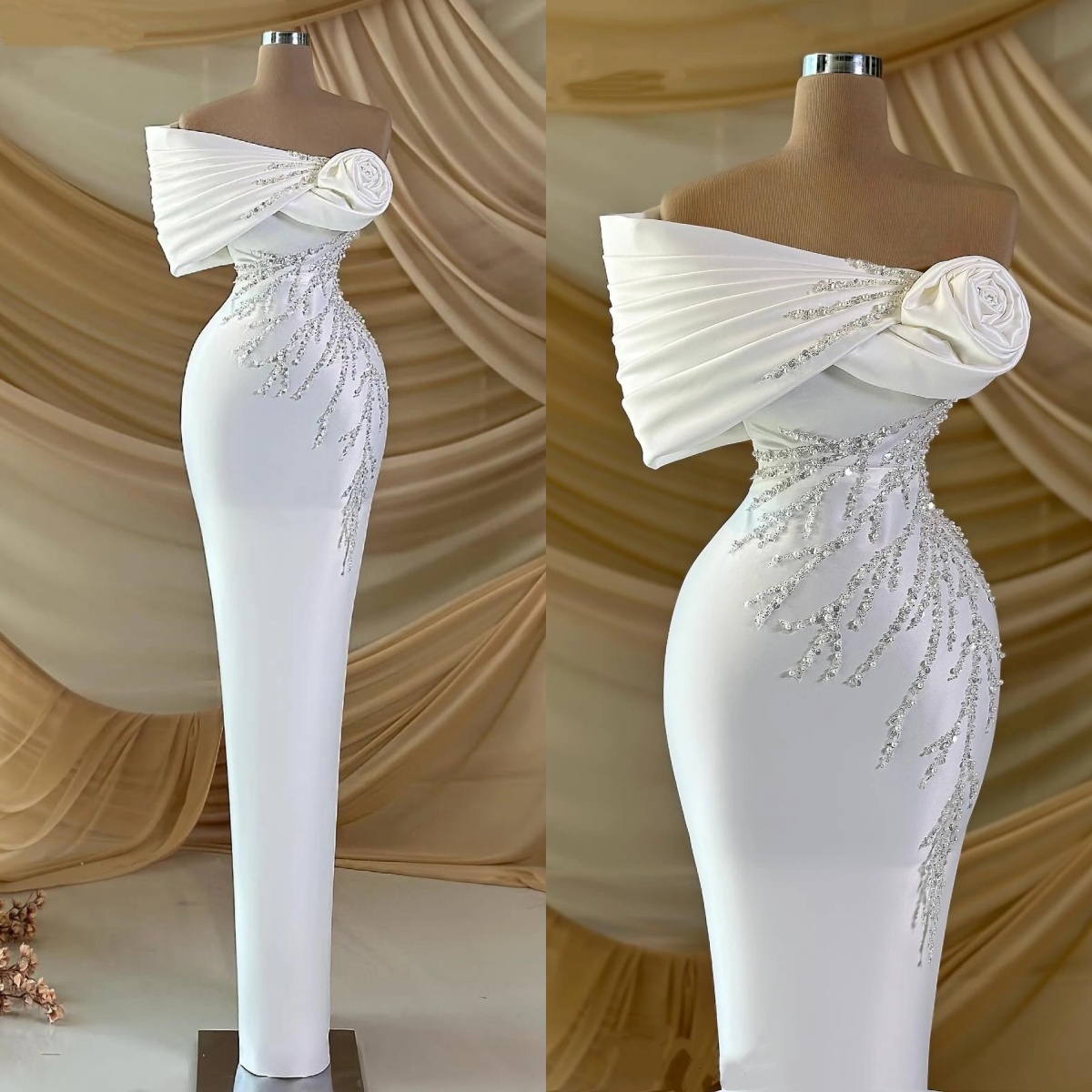 Simple Wedding Dresses Sequins Bridal Gowns One Shoulder Pearls Ruffle Slim Satin Mermaid Floor Length Customized Vestidos De Novia Plus Size