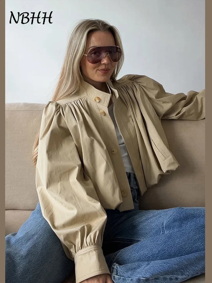 Fashion Stand Collar Short Jacket Women Long Puff Sleeve Single-breasted Pleated Womens Coat Autumn Lady Outwears Street 250804