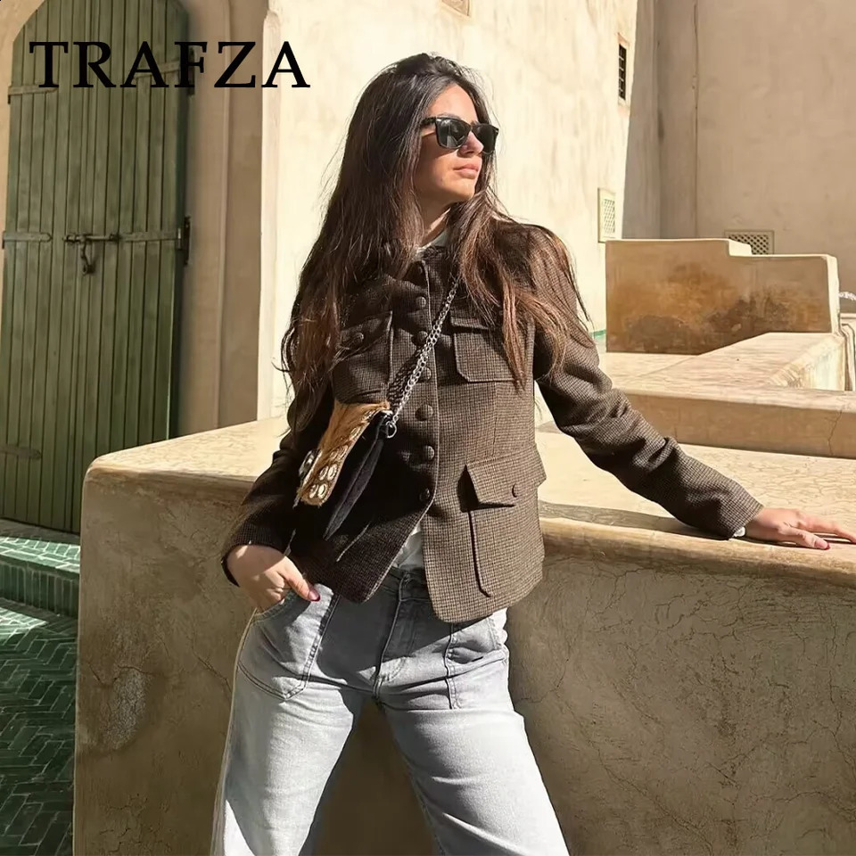 TRAFZA Spring Summer Vintage Houndstooth Women Jackets Fashion Streetwear Single Breasted O Neck Pockets Ladies Jackets 250804