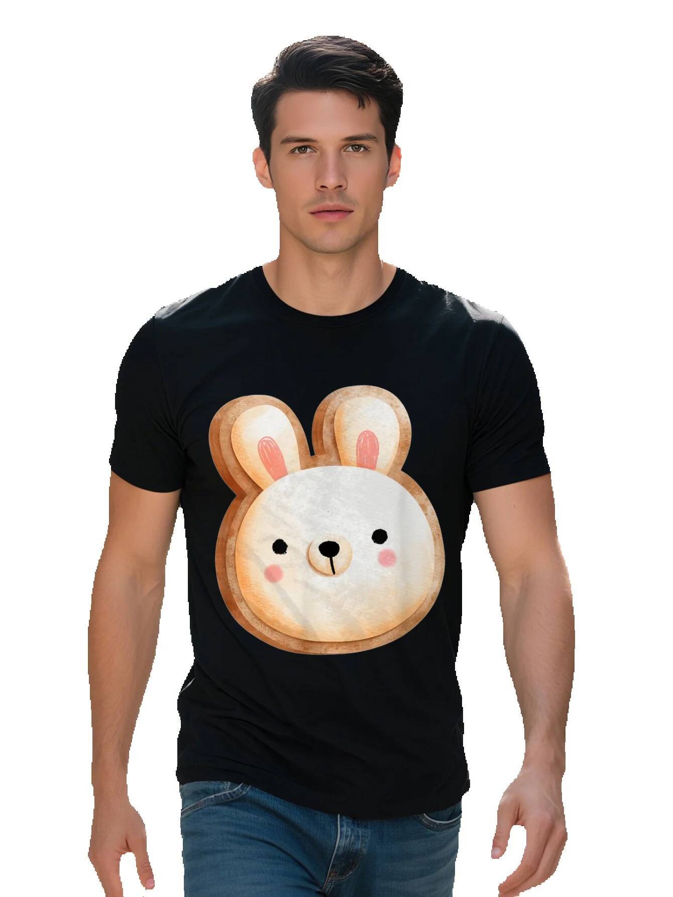 Men s Cotton T Shirt Casual Crew Neck Short Sleeve Tee with Bunny Cookie Milk Print All Season Knit Fabric 3bf60 2872a