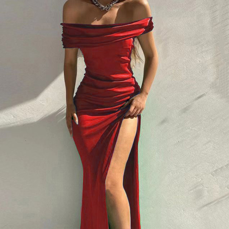 2025 Summer New Women's European and American New Dress Solid color Short sleeved trend Medium length Off Shoulder Dress Sexy Evening Dress New D