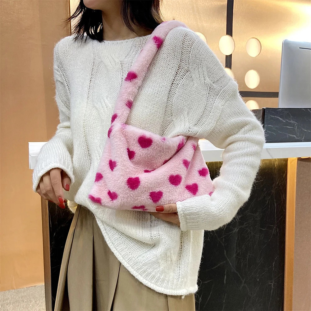 INS Fashion Women Plush Flower Pattern Shoulder Bags Elegant Female Underarm Fur Handbag Furry Fluffy Tote n 250811