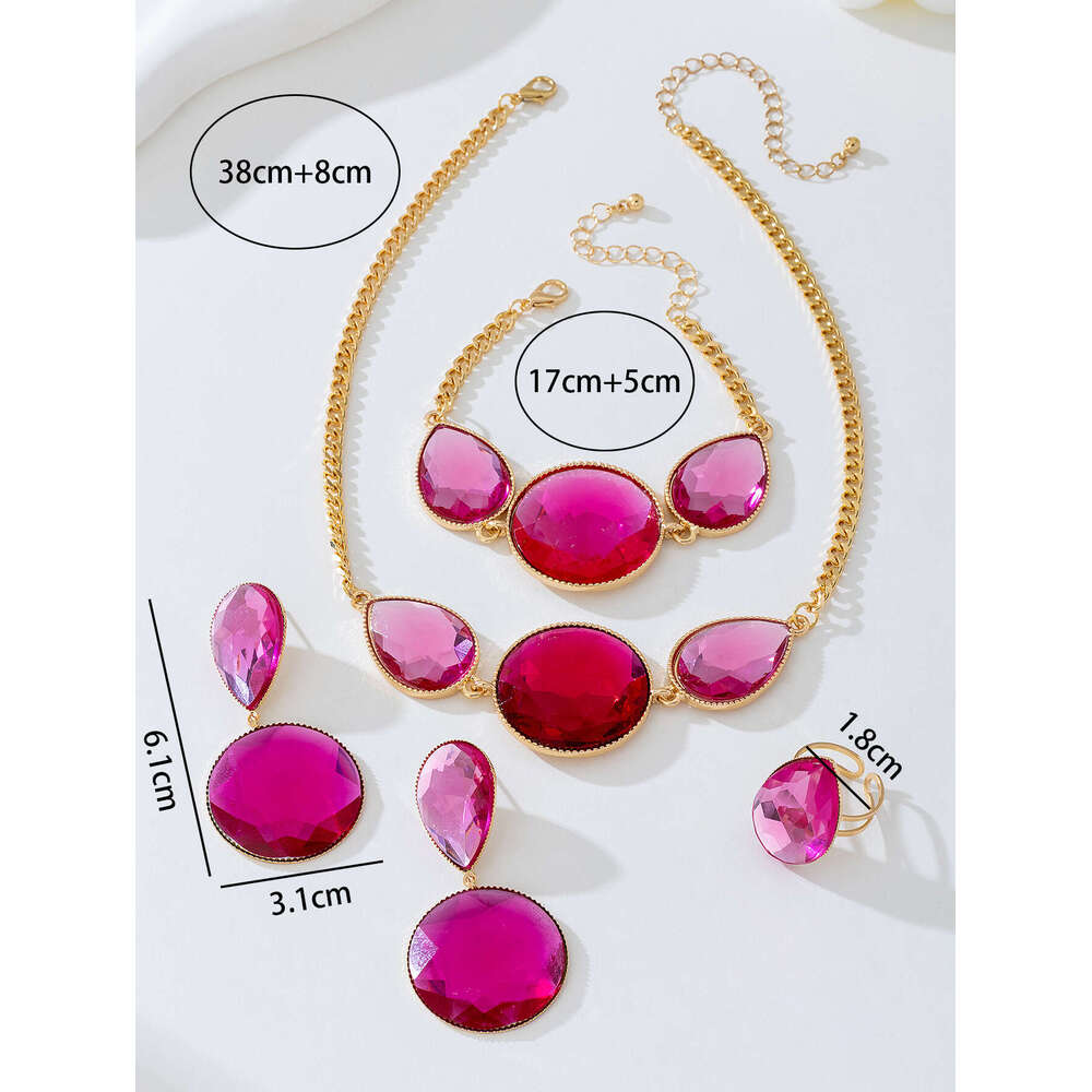 A of Fashionable Elegant Geometric Water Drop Round Inlaid Necklace Earrings Bracelet Ring Women's Jewelry Set