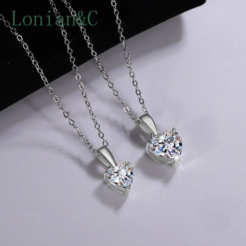 Lonian&C 1CT 2CT Heart Shaped Cut Moissanite Necklace Women Plated White Gold Sterling Sier Pendant Dia Test Pass