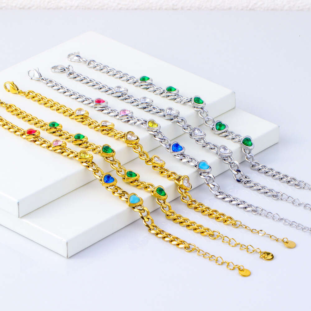 Stainless Steel Emerald Zircon Heart Fashionable Elegant Jewelry Colorful Korean Style Couple Bracelet