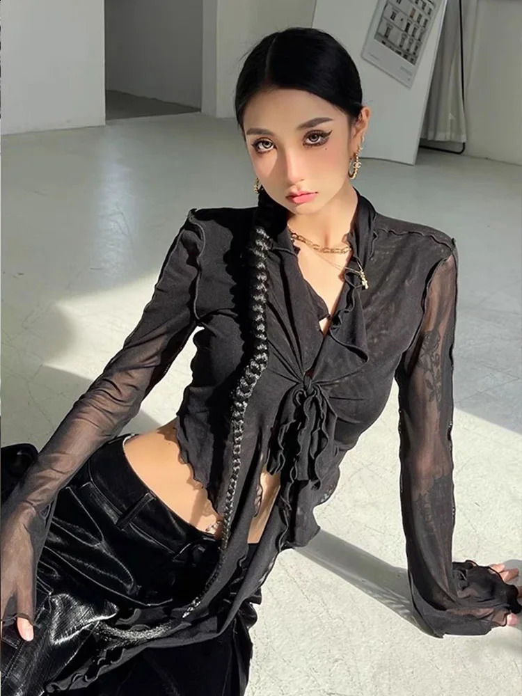 Long Flare Sleeve Blouses for Women Lace-up Mesh Sexy Sweet Girls Korean Fashion Style All-match Solid Elegant Casual 250809