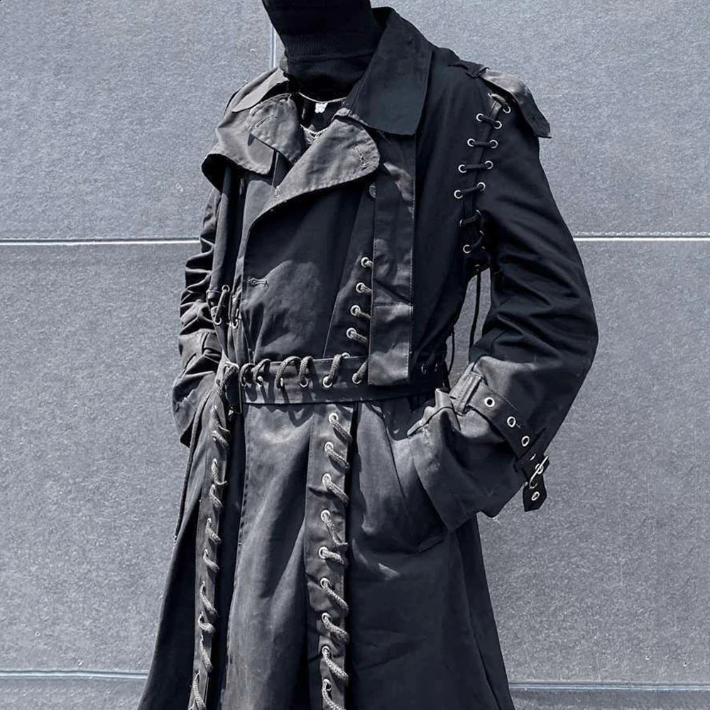 Mens Harajuku Rope Splicing Dark Style MidLength Casual Jacket Genderless Autumn Winter Japanese Solid Color Windbreaker Unisex 250804