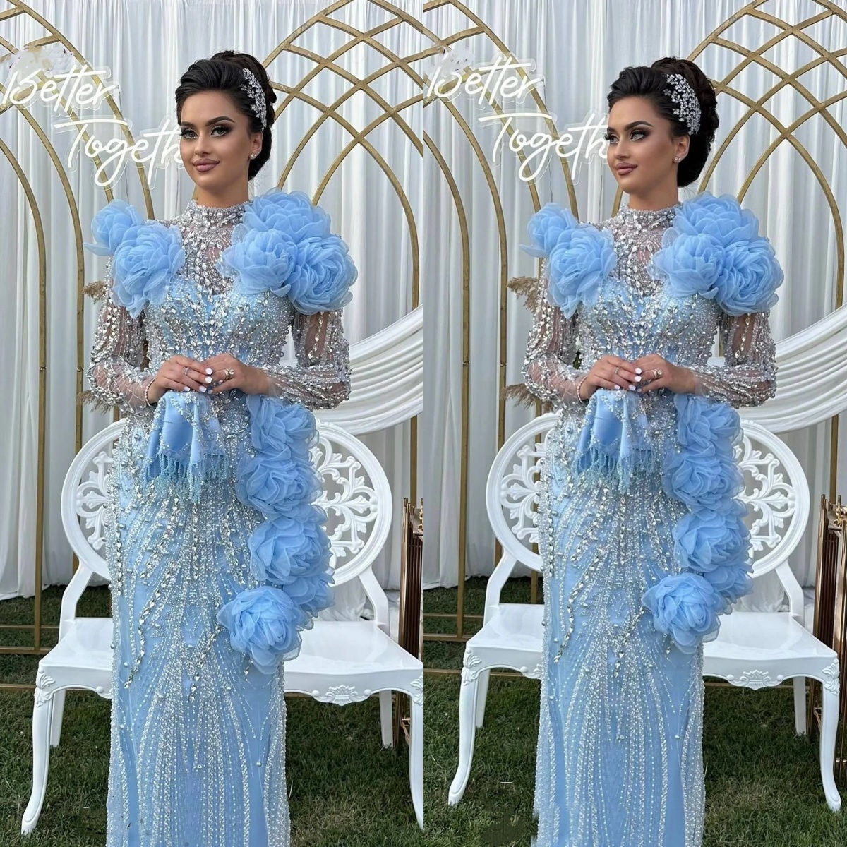 Modern High Neck Evening Dresses Crystal Pearls Prom Gowns Ruffle Flowers Sequins Long Sleeves Customized Party Dresses Vestidos de noche Plus Size