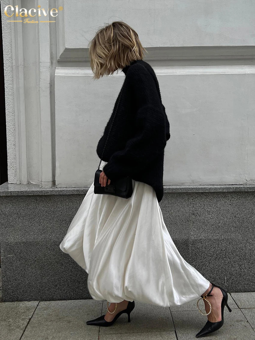 Clacive Fashion Beige Satin Skirts For Women Elegant High Waist Office Lady Ankle-Length Skirt Casual Loose Skirt Female Clothes 250811