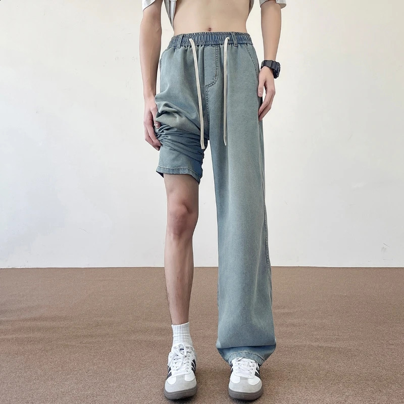 2025 Autumn American 190 Tall Men Ice Sensation Jeans 115CM Long Length Elastic Waist Thin Loose Wideleg Clothing 250729